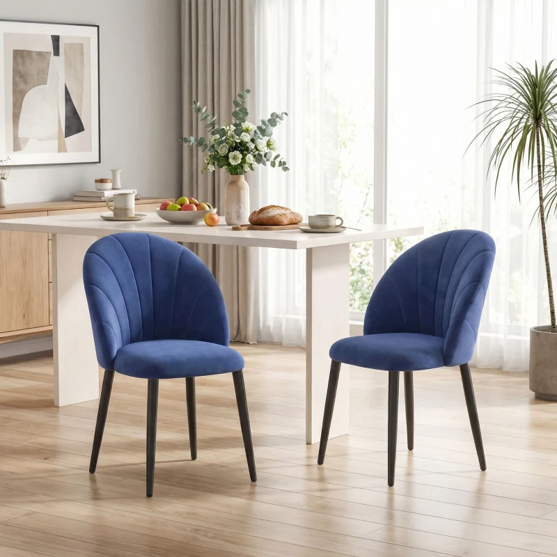 HOMCOM Set 2 Sedie da Pranzo Imbottite con Schienale a Conchiglia in Velluto, 52x55x79 cm, Blu