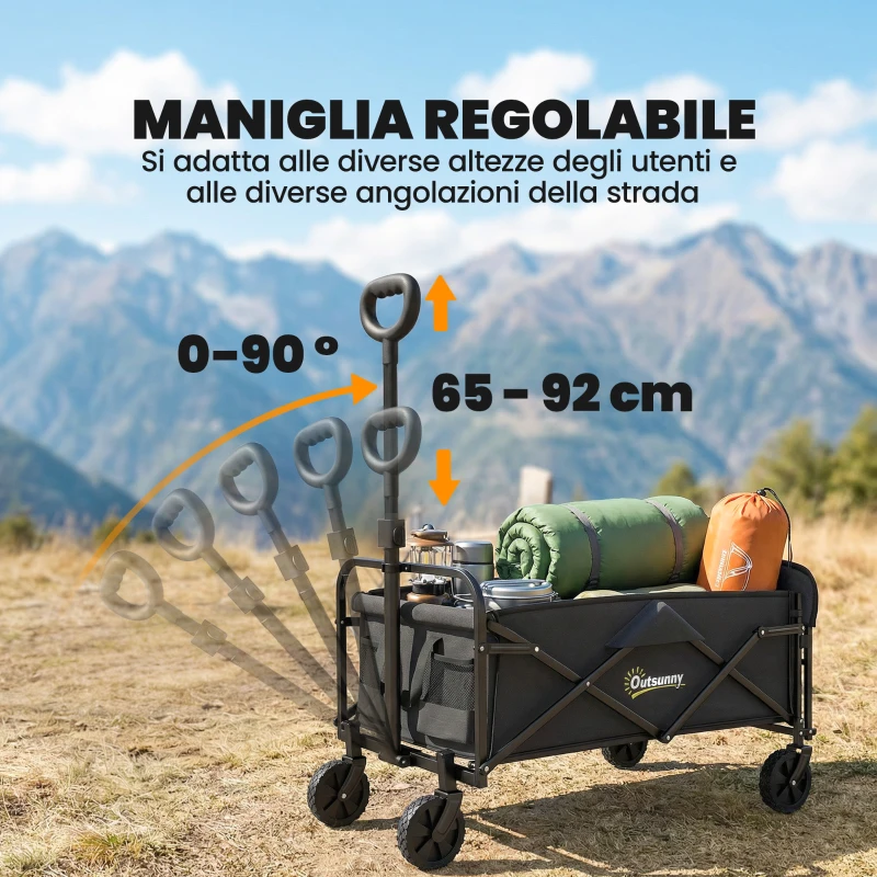 Outsunny Carrello da Giardino 72L Pieghevole con Manico Regolabile, in Acciaio e Tessuto Oxford, 114x46x92 cm, Nero