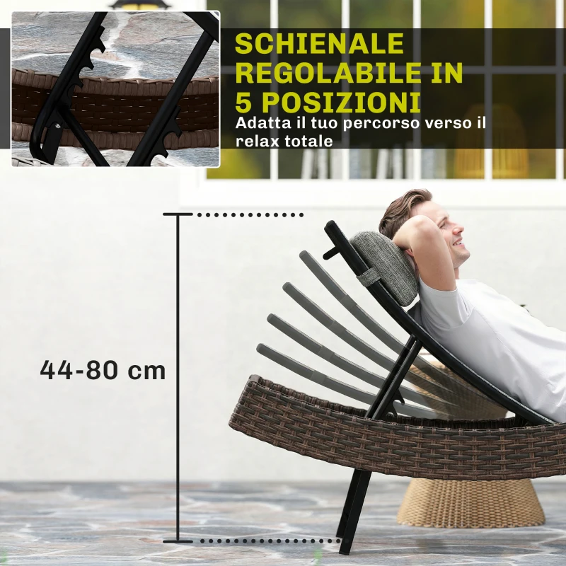 Outsunny Lettino Prendisole da Giardino in Rattan Forma S con Cuscino a 5 Posizioni, 60x198x44cm, Marrone