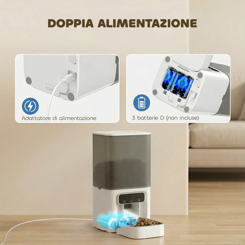 PawHut Distributore Automatico di Cibo per Gatti 4.5L con APP e Registratore Vocale