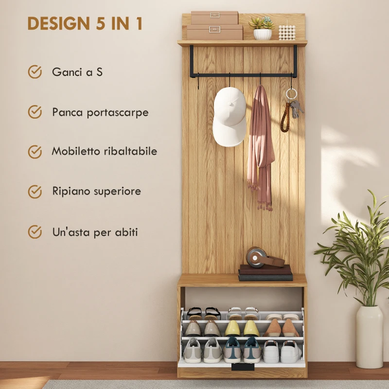 HOMCOM Mobile da Ingresso con Panca Scarpiera e Appendiabiti con 4 Ganci, 60x30x170 cm, Rovere e Bianco
