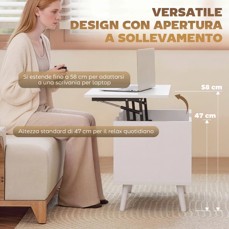 HOMCOM Tavolino da Caffè con Piano Sollevabile e Spazio Nascosto, 75 cm Bianco Punzonato