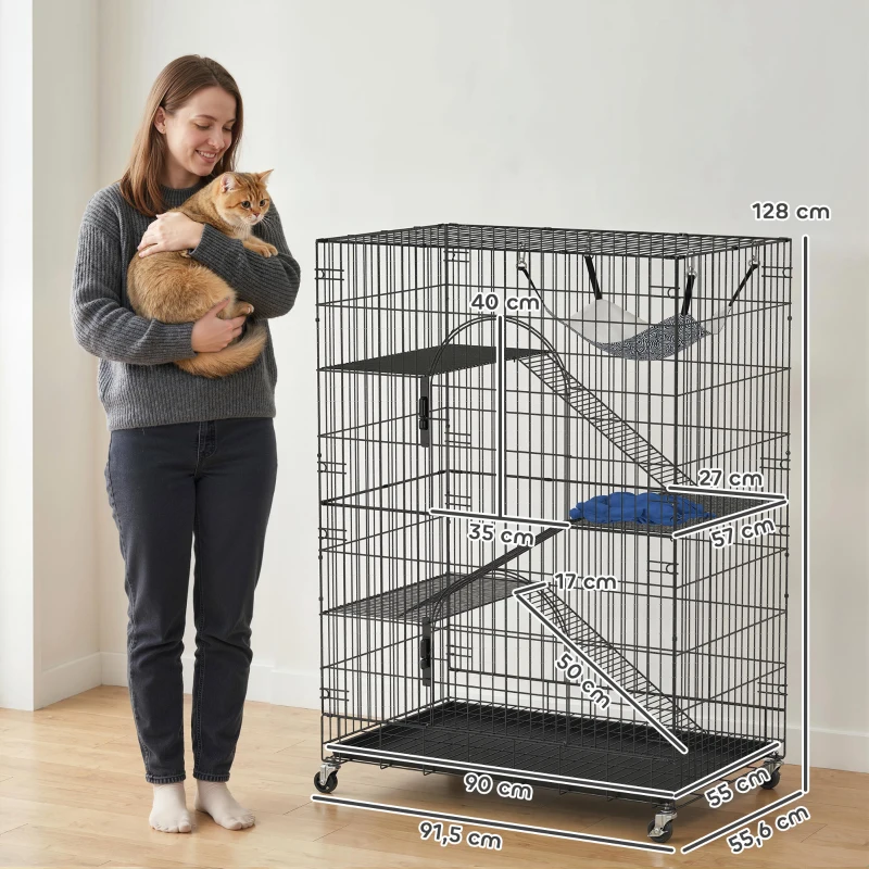 PawHut Gaiola para Gatos 4 Níveis com Amaca, Cama, Rampas e Plataformas em Metal com Rodas e Bandeja Removível, Preto