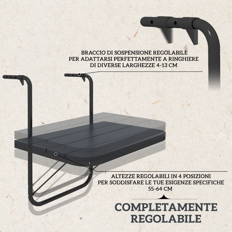 Outsunny Tavolino da Balcone Pieghevole e Regolabile, in Alluminio e Legno Composito, 60x40x55-64 cm, Nero