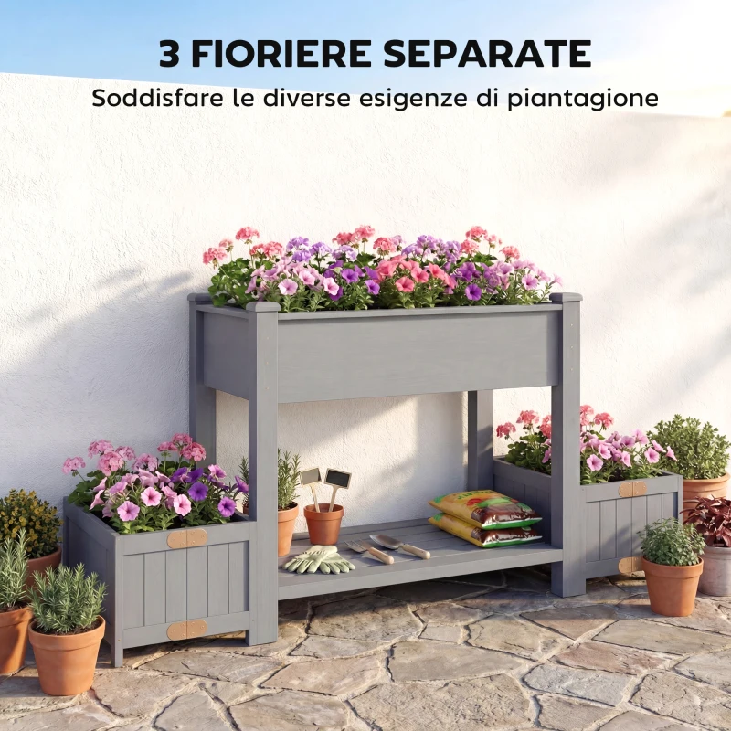 Outsunny Fioriera Rialzata con 2 Vasi Laterali e Ripiano per Attrezzi, in Legno di Abete, 149x46x76 cm, Grigio