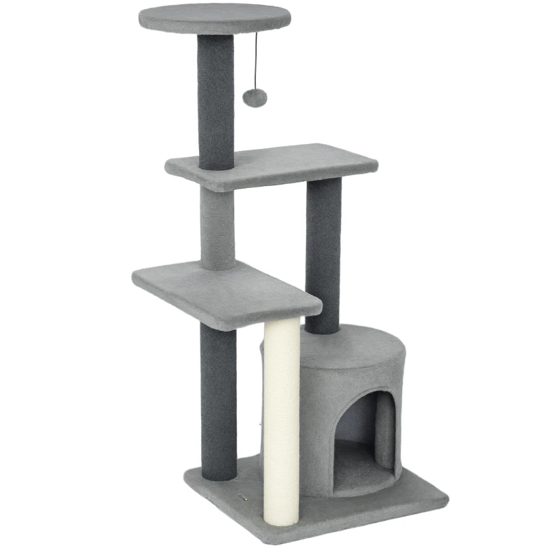 PawHut Drapak 103 cm z domkiem dla kota, platformami, słupkami owiniętymi sizalem, pluszową zawieszką, szary