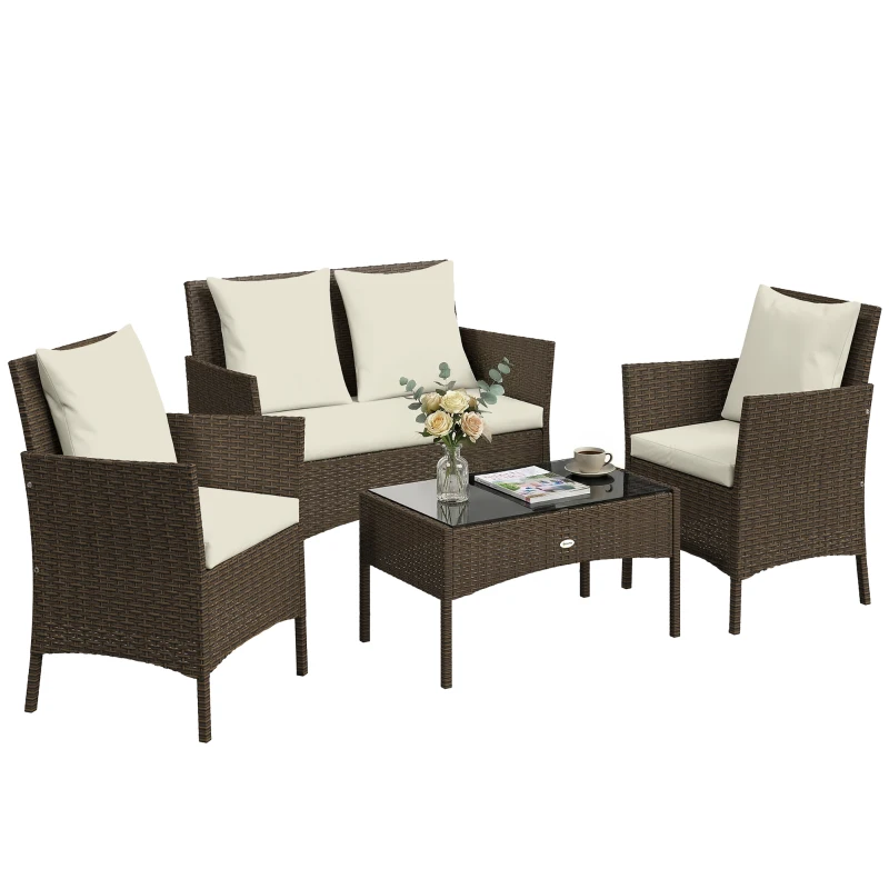 Outsunny Conjunto de Jardim em Vime com 4 Peças Inclui Sofá de 2 Lugares 2 Cadeiras Mesa de Vidro e Almofadas Laváveis Castanho