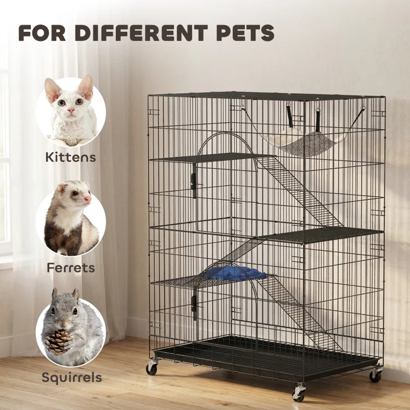 PawHut 4-stufiger Katzenkäfig mit Hängematte, Bett, Rampen und Plattformen aus Metall mit Rollen und herausziehbarem Tablett, Schwarz