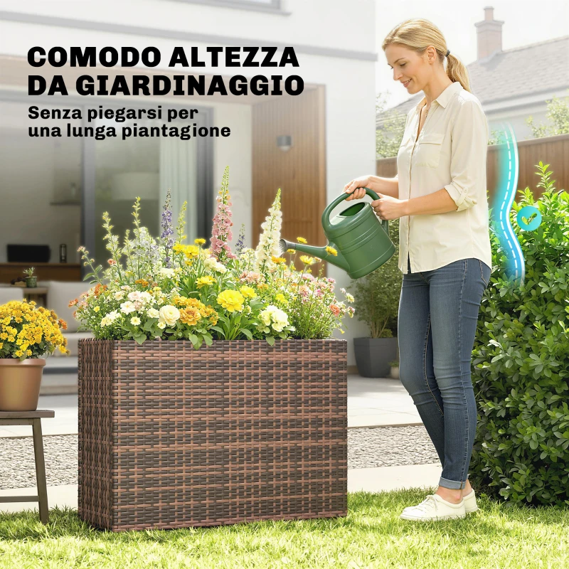 Outsunny Letto per Orto Rialzato da Esterno 45L in Rattan, con Fori di Drenaggio e Piedini Regolabili, Marrone