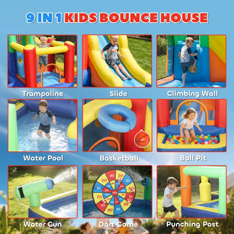 AIYAPLAY 9-w-1 Dmuchana zjeżdżalnia z pompką, ze zjeżdżalnią, basenem i pistoletem na wodę dla dzieci 3-8 lat, 330x290x185 cm, wielokolorowa