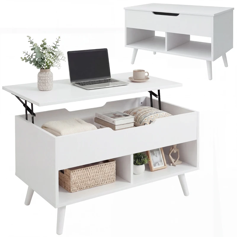 HOMCOM Tavolino da Caffè con Piano Sollevabile e Spazio Nascosto, 75 cm Bianco Punzonato