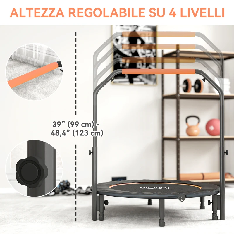 HOMCOM Mini Trampolino Fitness Ø114 cm Pieghevole con Manubrio Regolabile in Altezza, Arancione e Nero