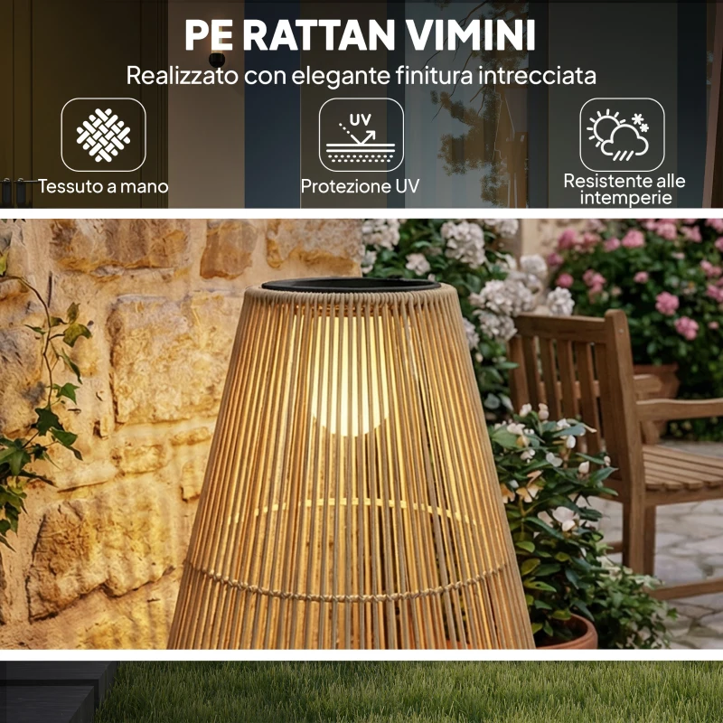 Outsunny Lampada Solare Impermeabile con Accensione Automatica, in Rattan e Acciaio, 35x35x55 cm, Giallo