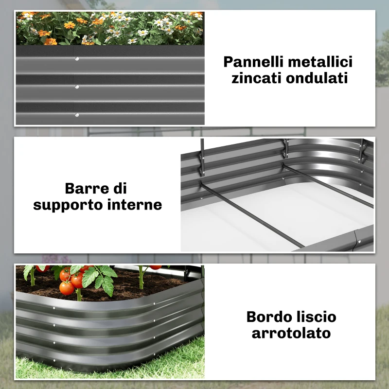 Outsunny Orto Rialzato con Traliccio per Rampicanti e Fondo Aperto in Metallo, 220x110x150 cm, Grigio Scuro