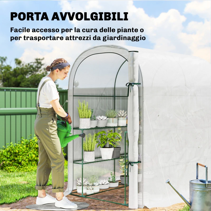 Outsunny Serra da Giardino con Scaffali a 2 Livelli e Porta Avvolgibile, in Acciaio e PE, 123x187x189 cm, Bianco