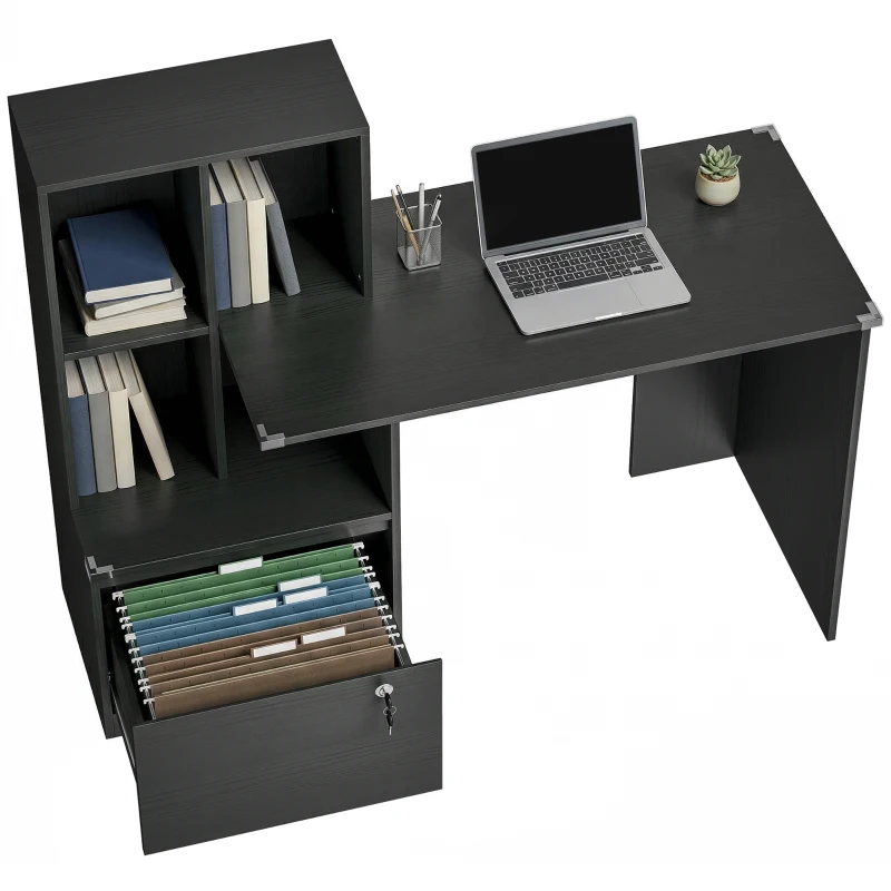 HOMCOM Escritorio para ordenador con estantería de 4 compartimentos y cajón con cerradura, 126 x 50 x 109 cm, negro