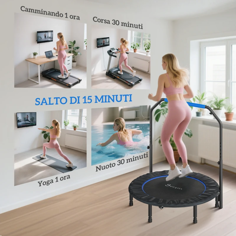 HOMCOM Mini Trampolino Fitness Ø114 cm Pieghevole con Manubrio Regolabile in Altezza, Blu e Nero