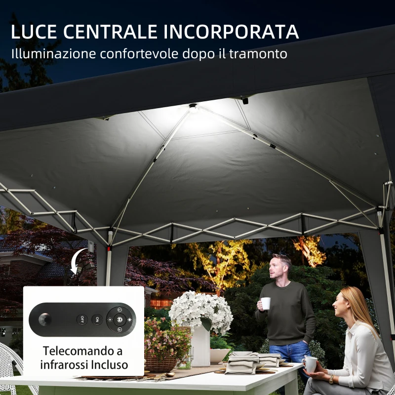 Outsunny Gazebo 3x3 m Pieghevole ad Altezza Regolabile con Luce Centrale e Telecomando, in Metallo e Poliestere, Nero