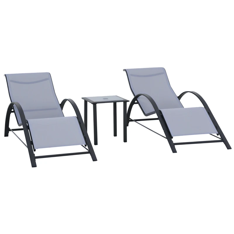 Outsunny Set di 2 Lettini Prendisole e Tavolino con Piano in Vetro, 59x169x66 cm, Grigio Chiaro