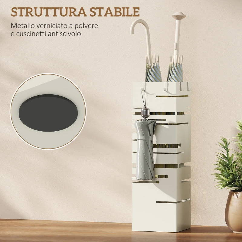 HOMCOM Portaombrelli Quadrato in Metallo con Vassoio Antigoccia Rimovibile e 4 Ganci, 15.5x15.5x49 cm, Beige
