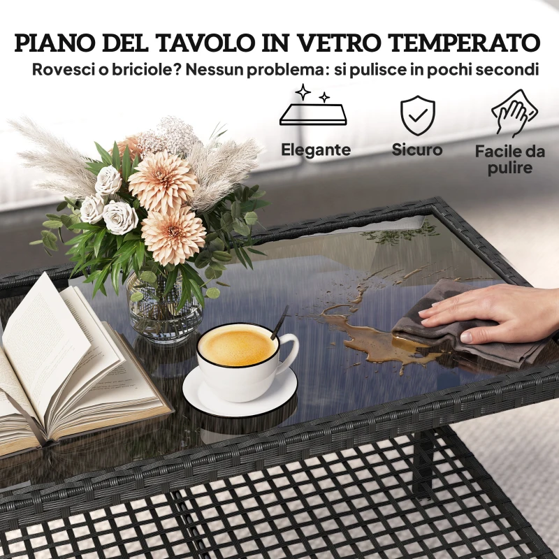Outsunny Tavolino da Caffè a 2 livelli con Piano in Vetro Temperato e Ripiano, in Acciaio e Rattan, 92x50x45 cm, Nero