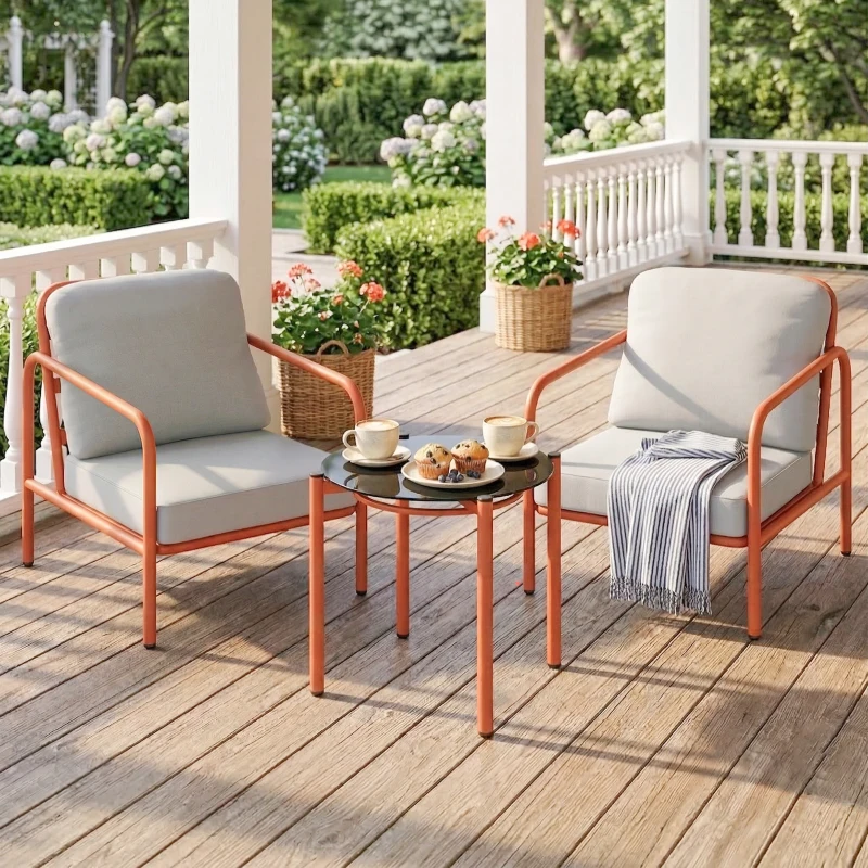 Outsunny Salón de Jardín 3 Piezas, 2 Sillones, 1 Mesa Baja, Cojines Gruesos, Bandeja de Vidrio Templado, 63x77x76cm, Rojo Vino