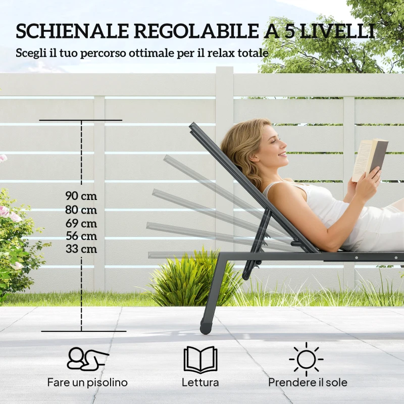 Outsunny Set 2 Lettini Prendisole Regolabili in 5 Posizioni con Tavolino Laterale e 2 Ruote, in Metallo e Poliestere, Grigio