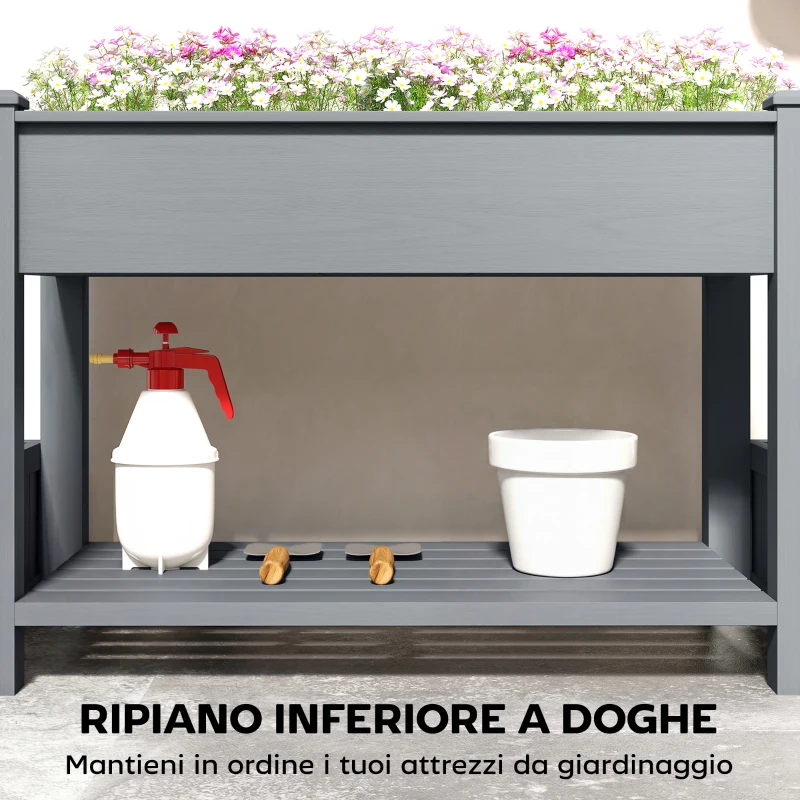 Outsunny Fioriera Rialzata con 2 Vasi Laterali e Ripiano per Attrezzi, in Legno di Abete, 149x46x76 cm, Grigio