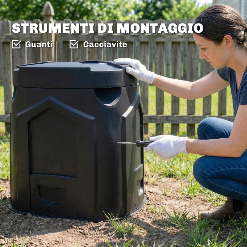 Outsunny Compostiera da Giardino 240L Triangolare Girevole con 66 Prese d'Aria e 3 Porte, in PP, 78x75x78 cm, Nero