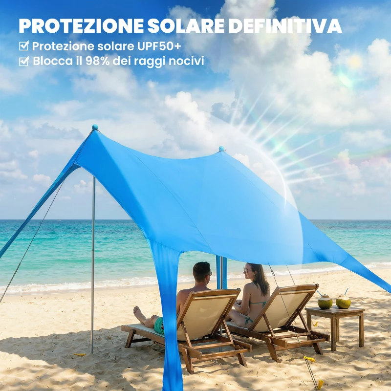 Outsunny Tenda da Spiaggia UV 50+ per 2-4 Persone con Tappetino e Pala, in Lycra e Alluminio, 200x208x200 cm, Azzurro