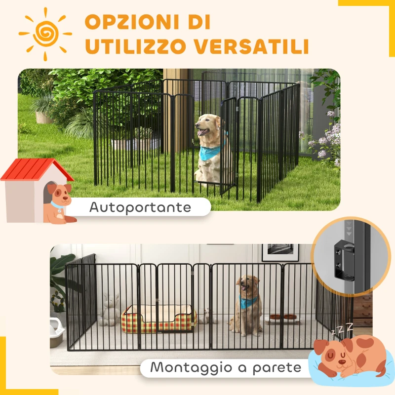 PawHut Box per Cani a 8 Pannelli Modulabili da Interno ed Esterno con 9 Picchetti, in Acciaio, 164x164x100 cm, Nero