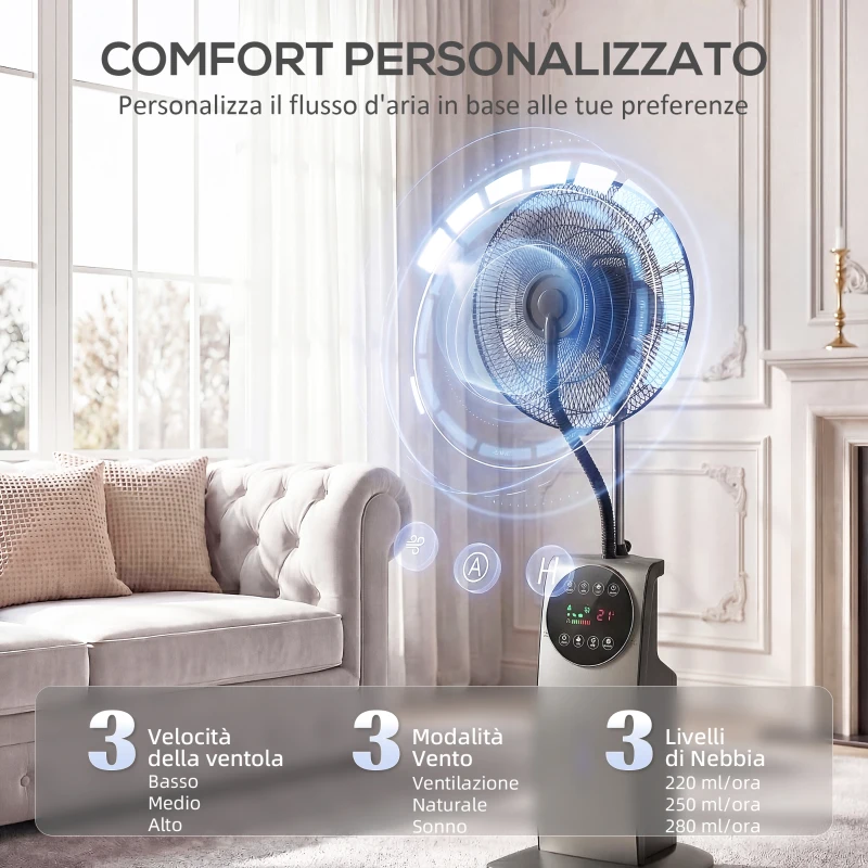 HOMCOM Ventilatore Nebulizzatore con Serbatoio 3.1L, 3 Modalità e 3 Velocità, Ruote, Oscillazione 70°, Inclinazione 10°, Timer 12h, 90W