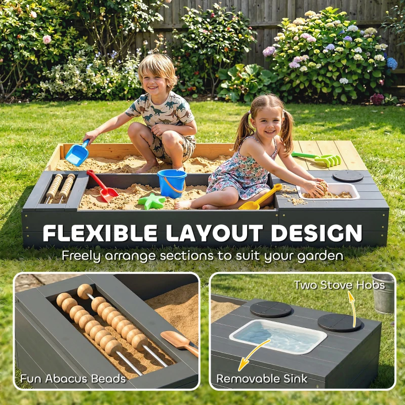 AIYAPLAY Piaskownica 2-częściowa 150x90 cm drewniana z siedziskiem, schowkiem, płytą grzewczą, wyjmowanym zlewozmywakiem i koralikami abakusa, żółta