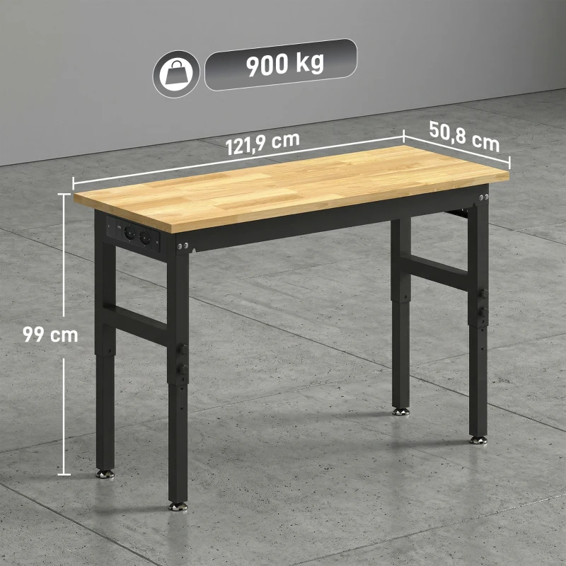 HOMCOM Werkbank aus Holz und Stahl höhenverstellbar, 2 AC-Steckdosen, 900 kg Tragkraft, Holzfarbe und Schwarz