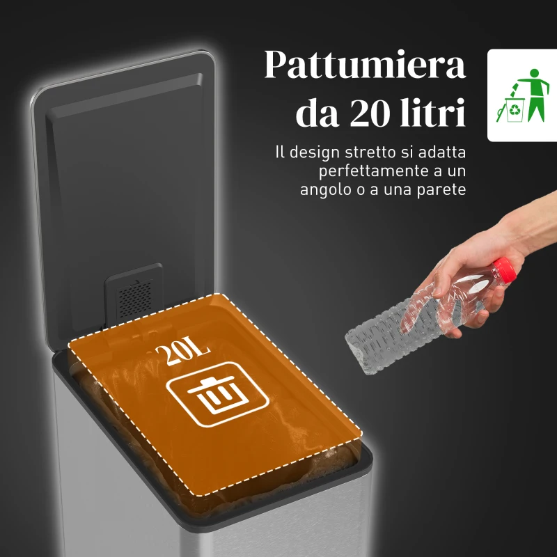 HOMCOM Cestino Spazzatura 20L con Chiusura Ammortizzata e Secchio Rimovibile, in Acciaio e PP, 21.5x37.2x57 cm, Argento