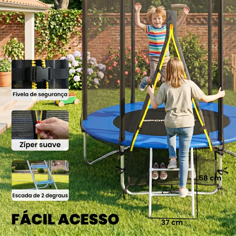SPORTNOW Trampolim para Crianças Exterior Ø183 cm com Rede de Segurança Escada de 2 Degraus Cobertura de Molas Saco de Armazenamento Azul