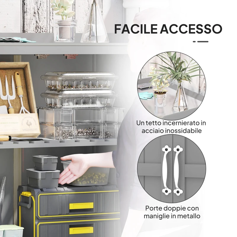 Outsunny Armadietto da Esterno, Capanno Porta Attrezzi con Mensola, in Legno con 2 Ante per Giardino, Patio, Grigio