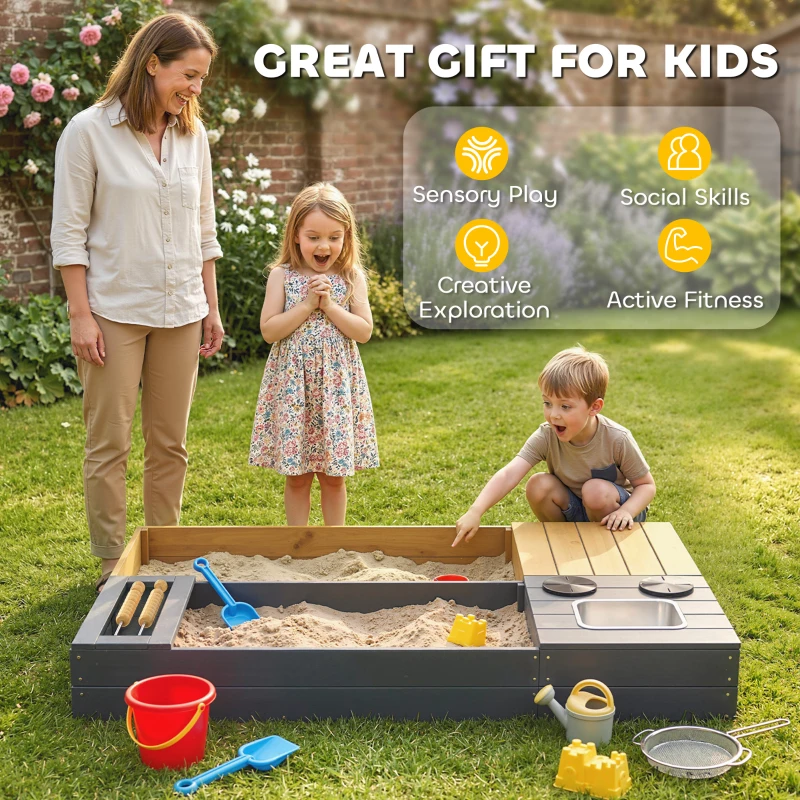 AIYAPLAY Piaskownica 2-częściowa 150x90 cm drewniana z siedziskiem, schowkiem, płytą grzewczą, wyjmowanym zlewozmywakiem i koralikami abakusa, żółta