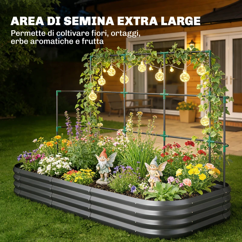 Outsunny Orto Rialzato con Traliccio per Rampicanti e Fondo Aperto in Metallo, 220x110x150 cm, Grigio Scuro