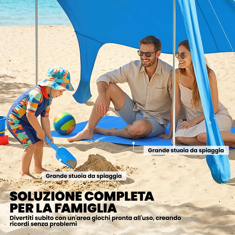 Outsunny Tenda da Spiaggia UV 50+ per 2-4 Persone con Tappetino e Pala, in Lycra e Alluminio, 200x208x200 cm, Azzurro