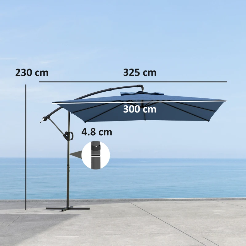 Outsunny Ombrellone Decentrato con Base e Croce, Prese d'Aria e Manovella, in Metallo e Poliestere, 3x3.25 m, Blu