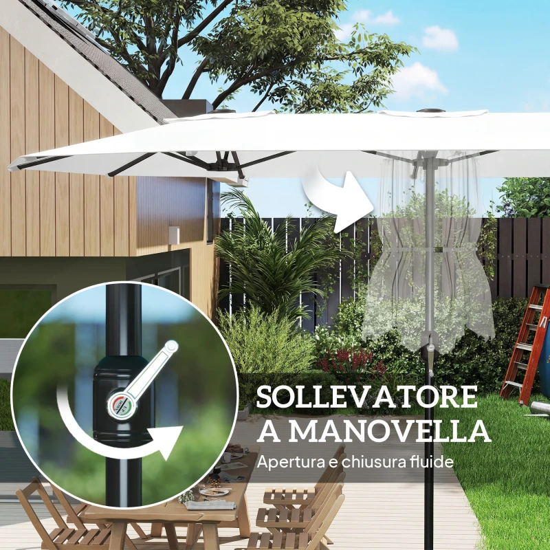 Outsunny Ombrellone Doppio a 12 Stecche con Manovella, in Metallo e Poliestere, 4.6x2.7 m, Bianco
