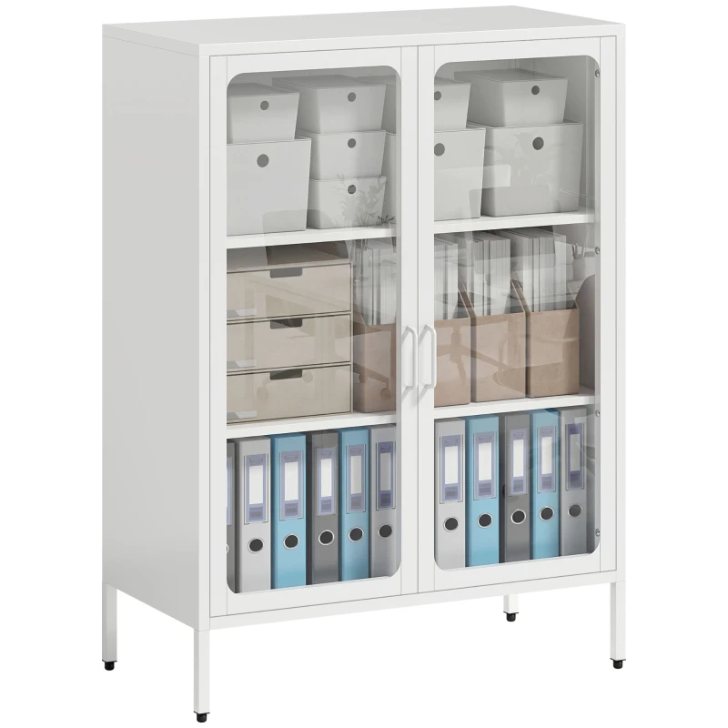 HOMCOM Mobile Portadocumenti in Acciaio con 2 Ante in Vetro e Ripiani Regolabili, 80x40x110 cm, Bianco