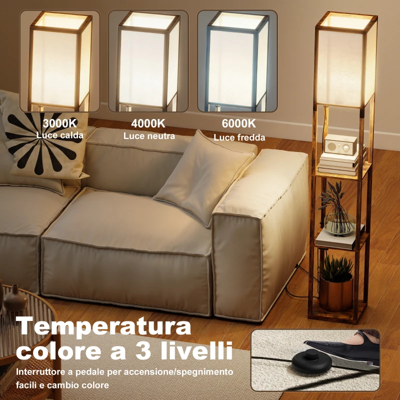 HOMCOM Lampada da Terra con Ripiani, Luce Regolabile, Interruttore a Pedale e Porte USB, Marrone