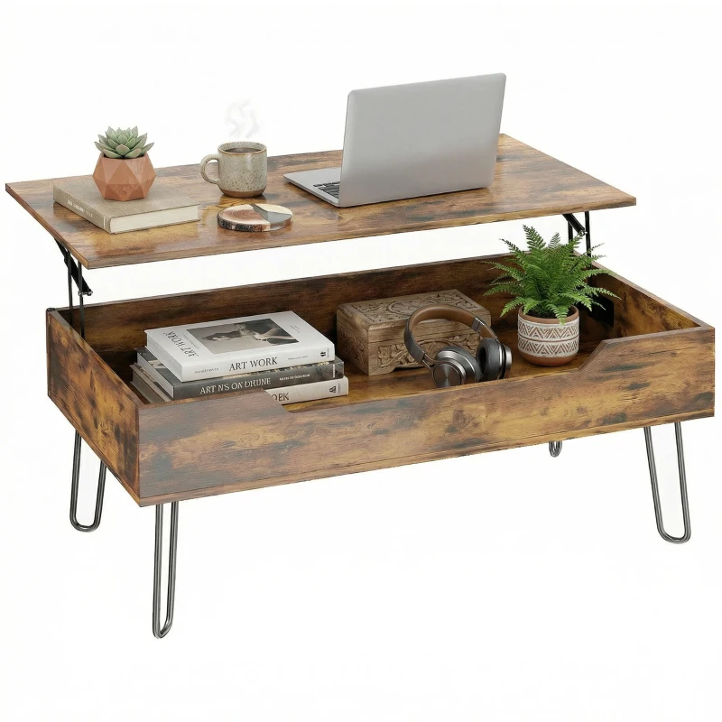 HOMCOM Mesa de Centro Retangular em Madeira com Grande Armazenamento Oculto, Altura Ajustável, 95 x 50 x 40 cm, Castanho Rústico