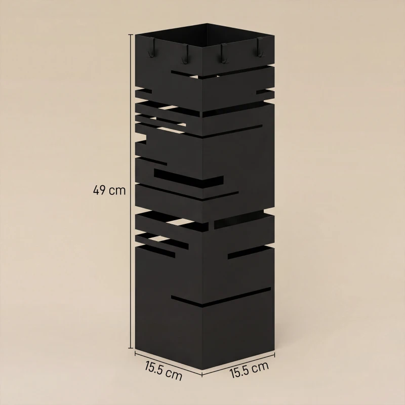HOMCOM Portaombrelli Quadrato in Metallo con Vassoio Antigoccia Rimovibile e 4 Ganci, 15.5x15.5x49 cm, Nero
