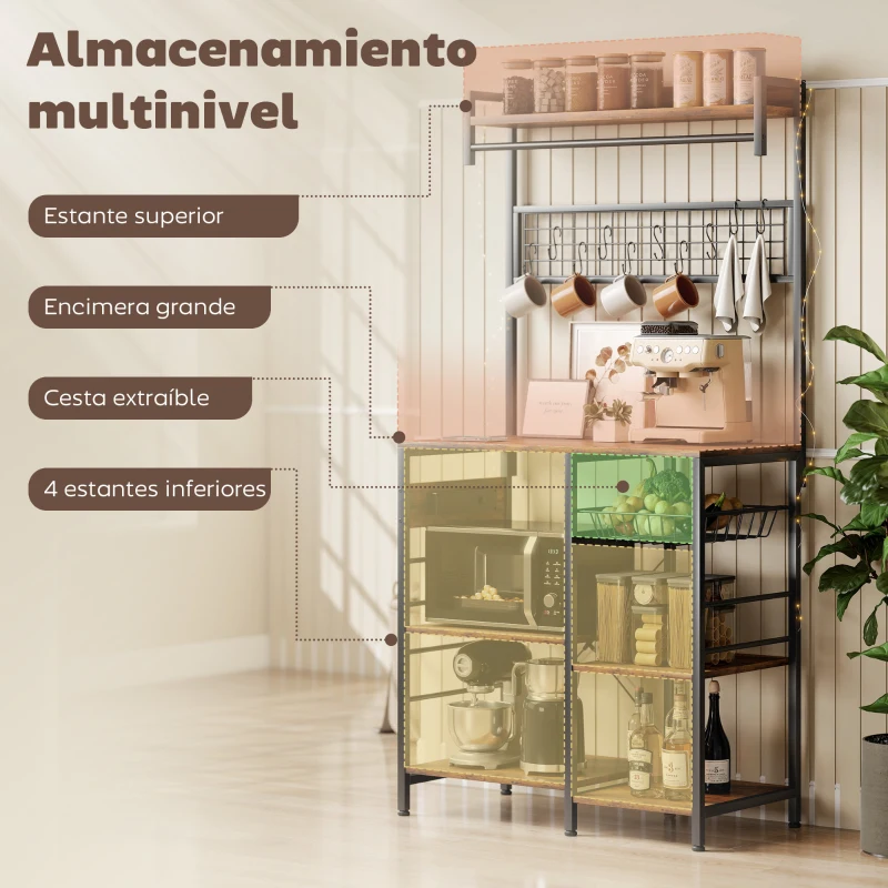 HOMCOM Estantería de Cocina con Tres Enchufes y Luces LED Industrial con Estantes para Microondas 80x42x162 cm Marrón Rústico