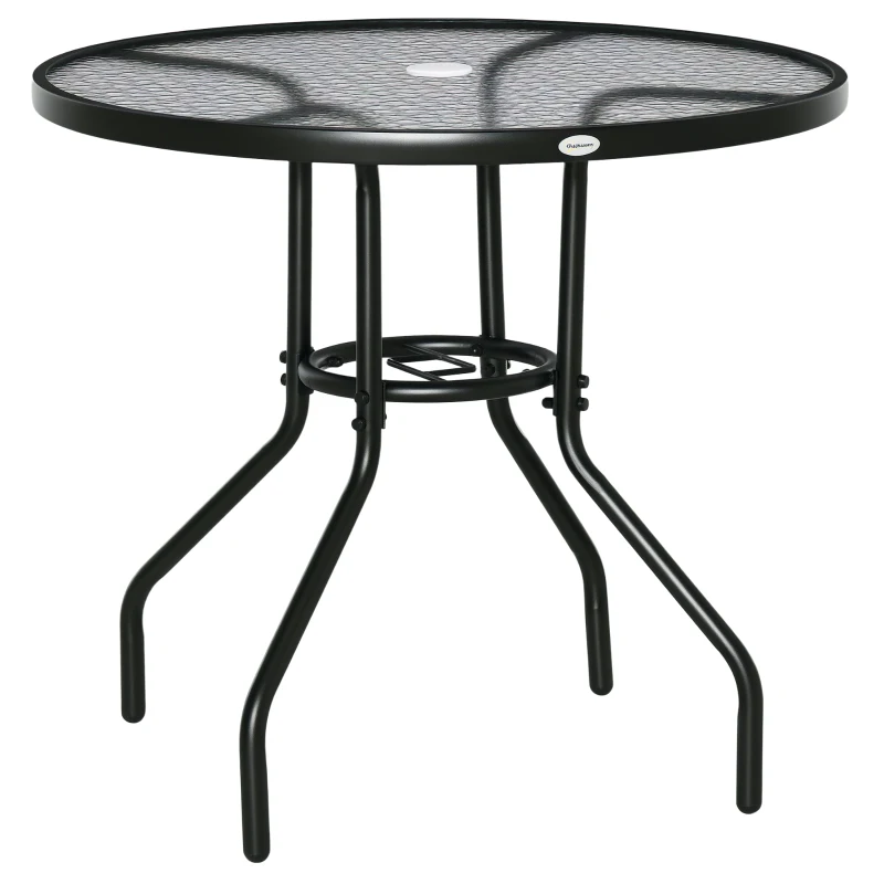 Outsunny Tavolo da Giardino Rotondo con Foro per Ombrellone e Piano in Vetro, in Metallo, Ø80x72 cm, Nero