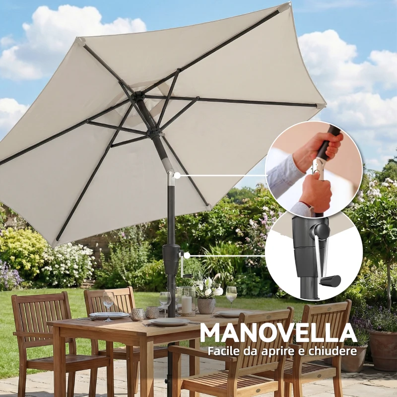 Outsunny Ombrellone da Giardino Inclinabile 2x2 m a 6 Stecche con Manovella, in Metallo e Poliestere Grigio Chiaro