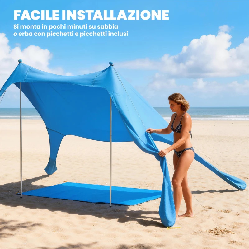 Outsunny Tenda da Spiaggia UV 50+ per 2-4 Persone con Tappetino e Pala, in Lycra e Alluminio, 200x208x200 cm, Azzurro